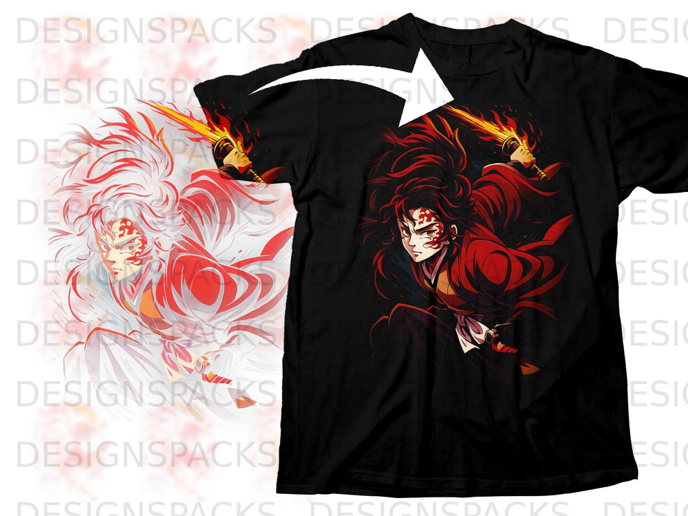 Black t-shirt featuring an anime character with red hair and a flaming sword.