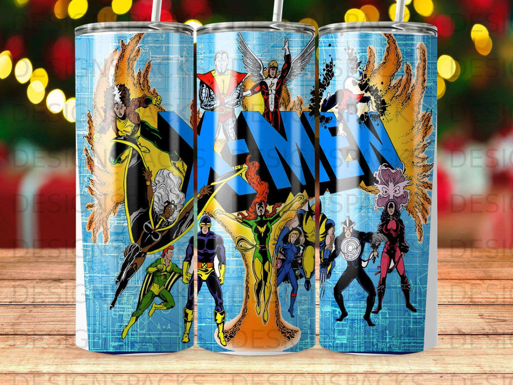 X-Men characters depicted in a comic book style with bold colors and intricate background details.