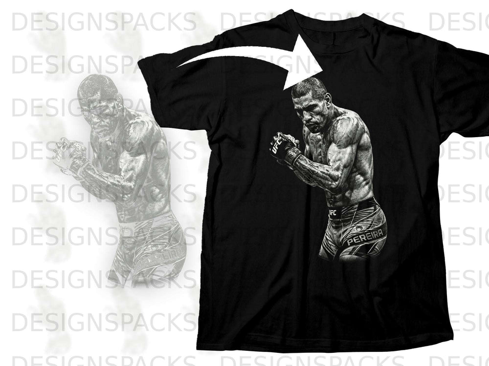 Black t-shirt with a grayscale illustration of UFC fighter Alex Pereira.