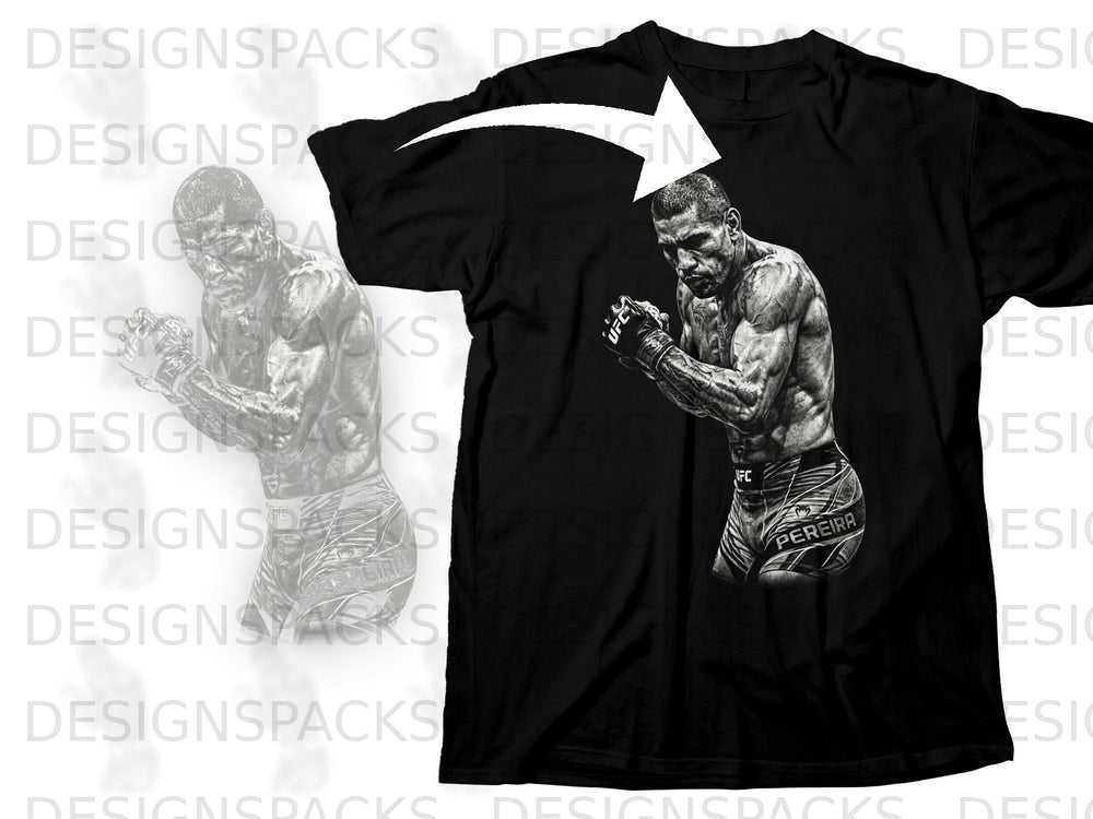 Black t-shirt with a grayscale illustration of UFC fighter Alex Pereira.
