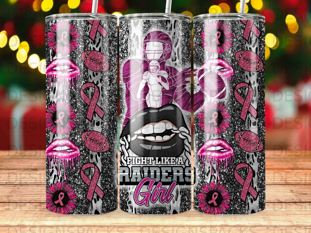 Tumbler with football player, lips, footballs, and pink ribbons.