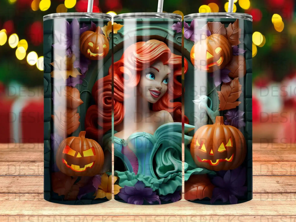 Ariel with pumpkins and autumn leaves, Halloween design.