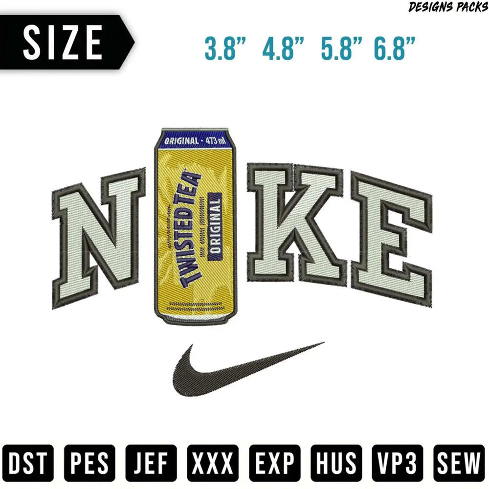 Nike logo with Twisted Tea can and embroidery file formats.