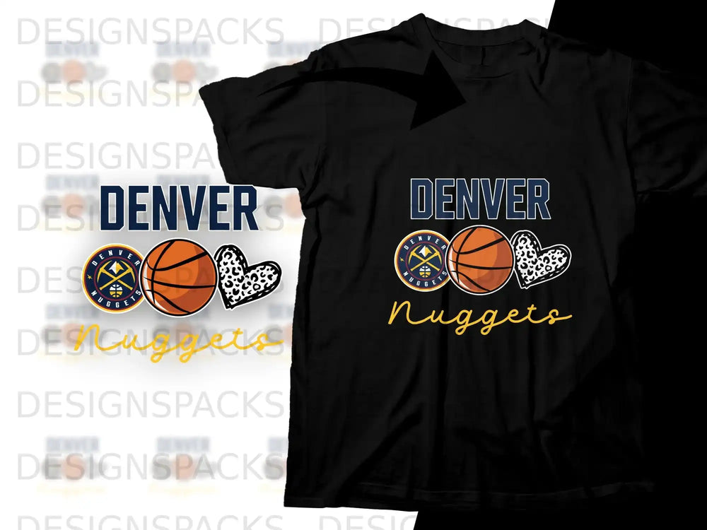 Denver Nuggets graphic with basketballs and hearts on black t-shirt.