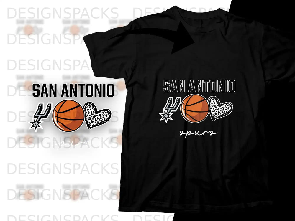 Black t-shirt with San Antonio Spurs logo featuring basketball and hearts.