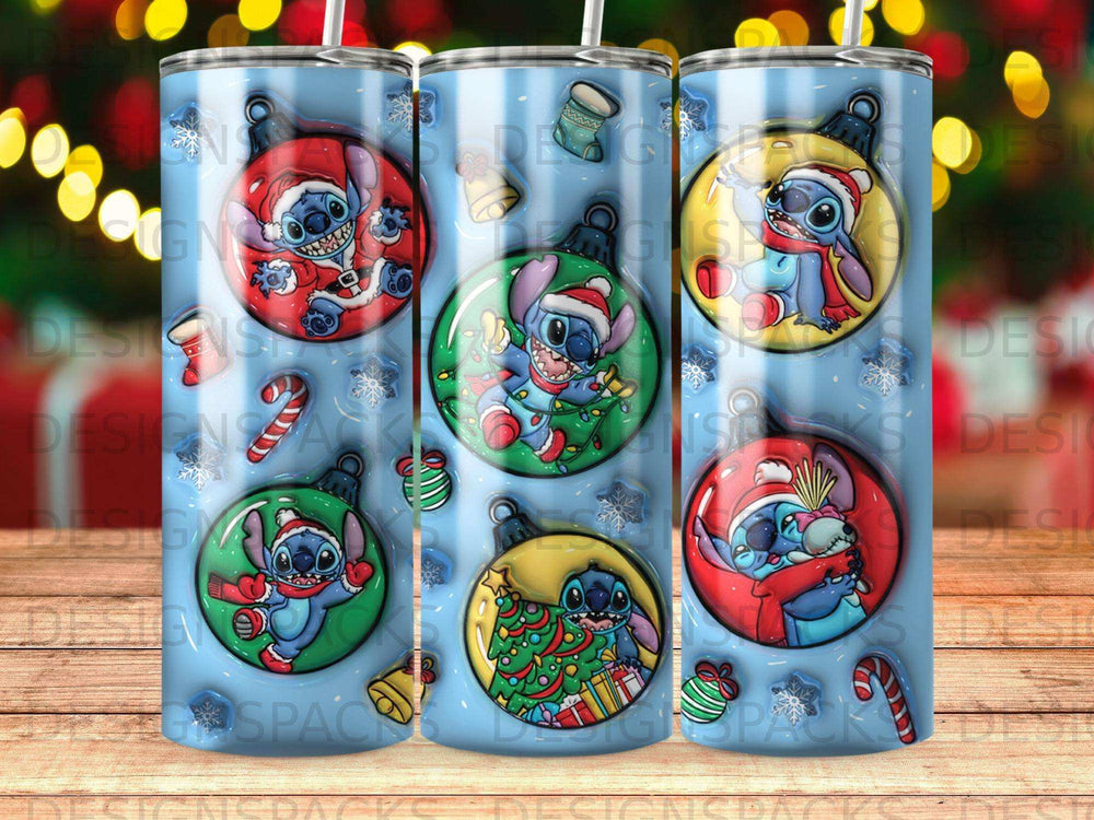 Stitch dressed as Santa, holding gifts, near Christmas tree and candy canes.