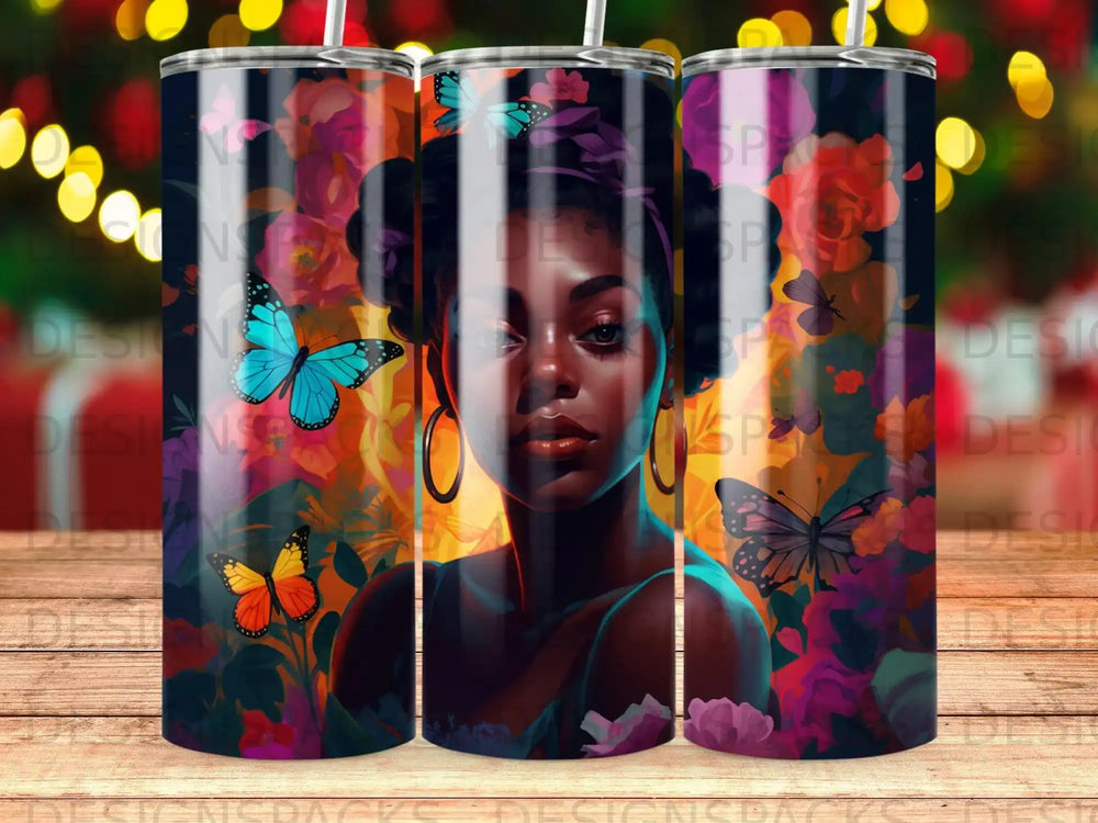 Woman with butterflies and flowers on a patterned tumbler.