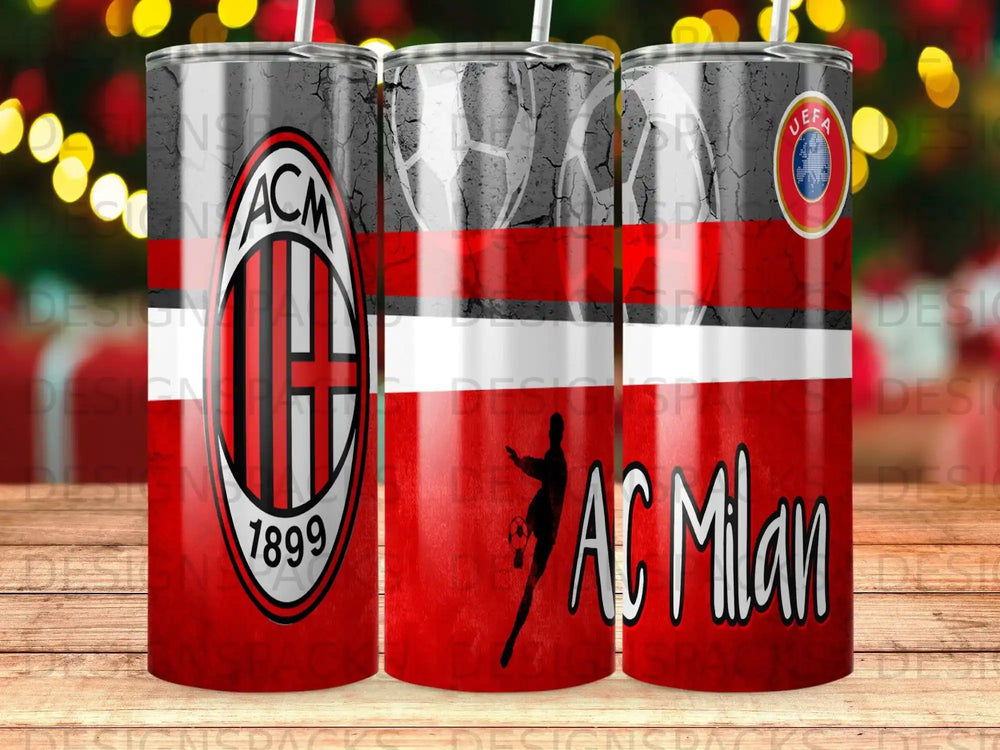 AC Milan soccer club logo and "AC Milan" text on a red and white striped tumbler.