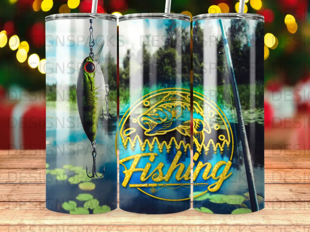 Fishing tumbler with lure, bass, and lake scene.