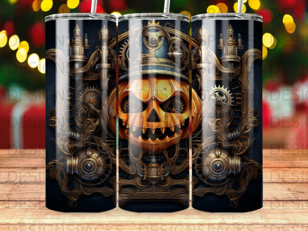 Steampunk jack-o'-lantern with gears and ornate metallic details.