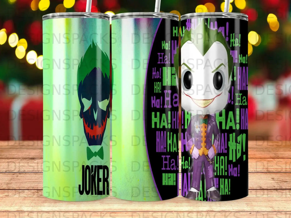 Joker graphic on a tumbler with "HA!" repeated.
