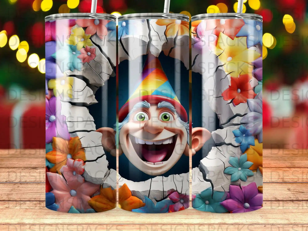 Cracked wall revealing a smiling cartoon gnome wearing a party hat with colorful flowers.