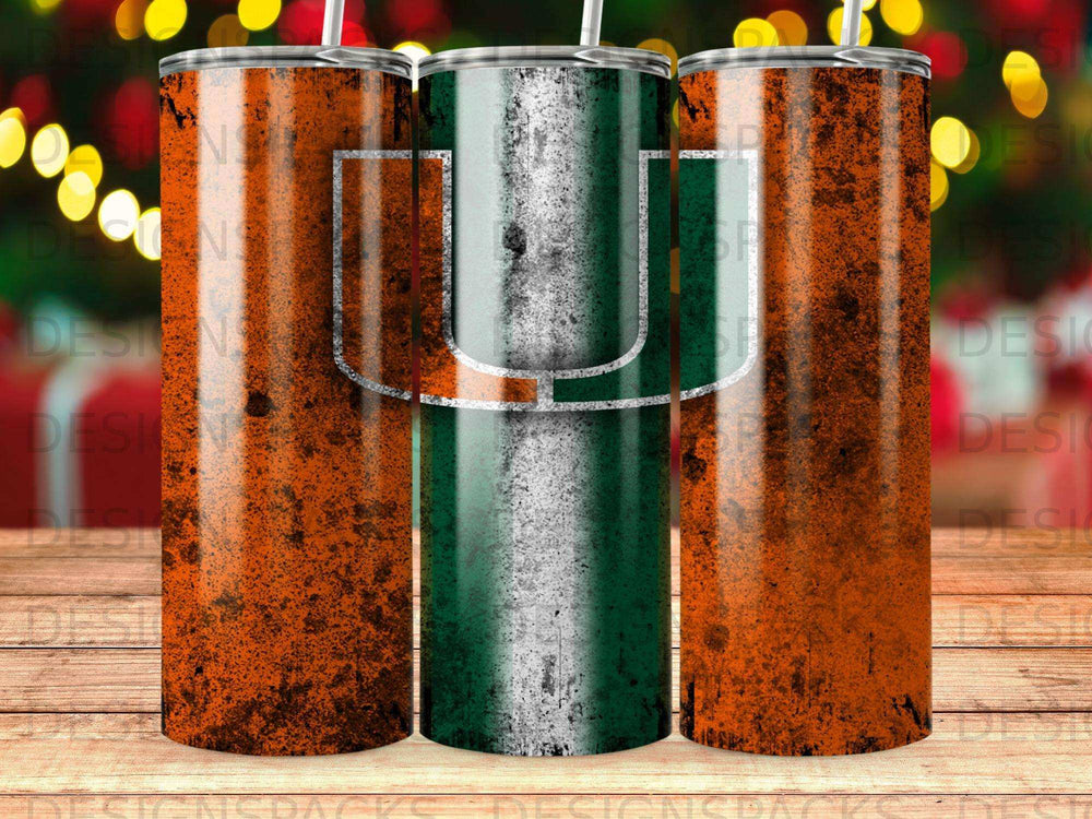 Three tumblers with distressed orange and green textures and a U-shaped logo.