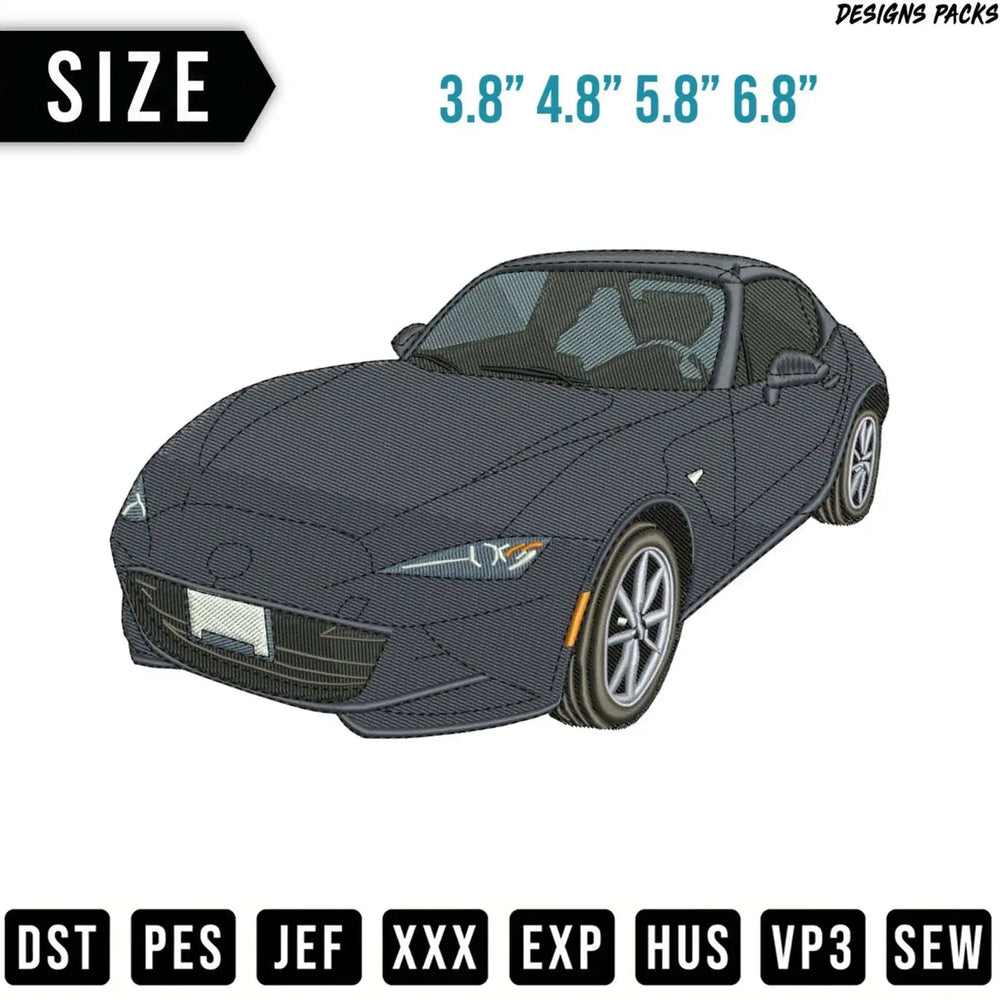 Gray embroidered car design with size options and file formats.