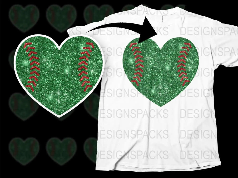 Sparkly Green Baseball Heart T-Shirt, Glitter Print Sports Tee, Unisex Baseball Lover Gift, Casual Athletic Apparel
