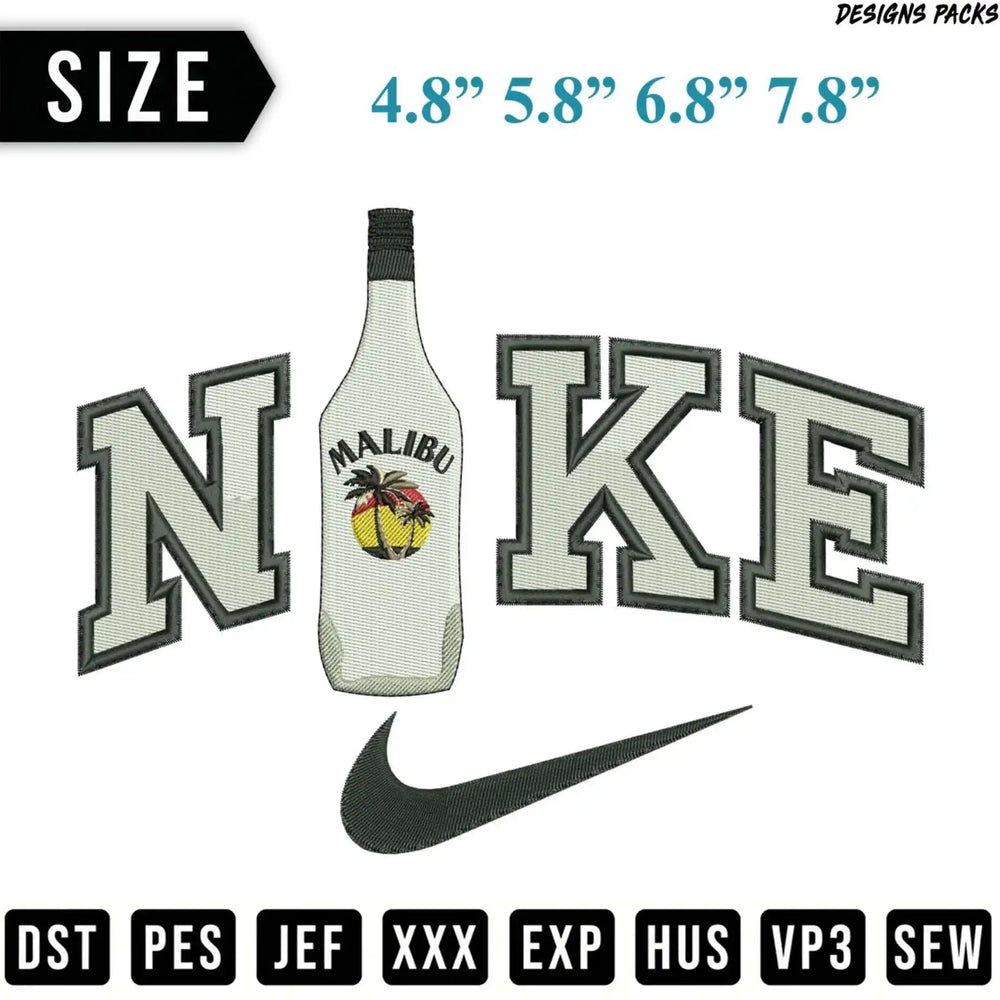 Malibu rum bottle in Nike logo, sizes 4.8-7.8 inches.