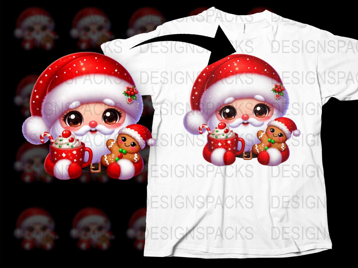 Cute Santa Claus Cartoon T-Shirt, Christmas Kids Holiday Tee, Festive Winter Apparel, Adorable Santa and Gingerbread Design