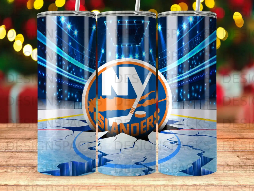 New York Islanders logo on a hockey rink with cracked ice.