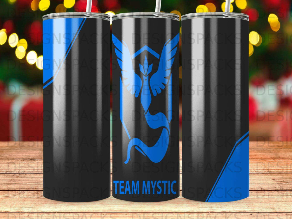 Team Mystic logo on a blue and black patterned tumbler.