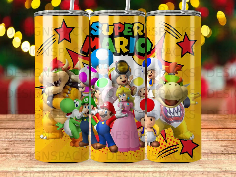 Super Mario characters on a yellow tumbler with red and yellow starbursts.