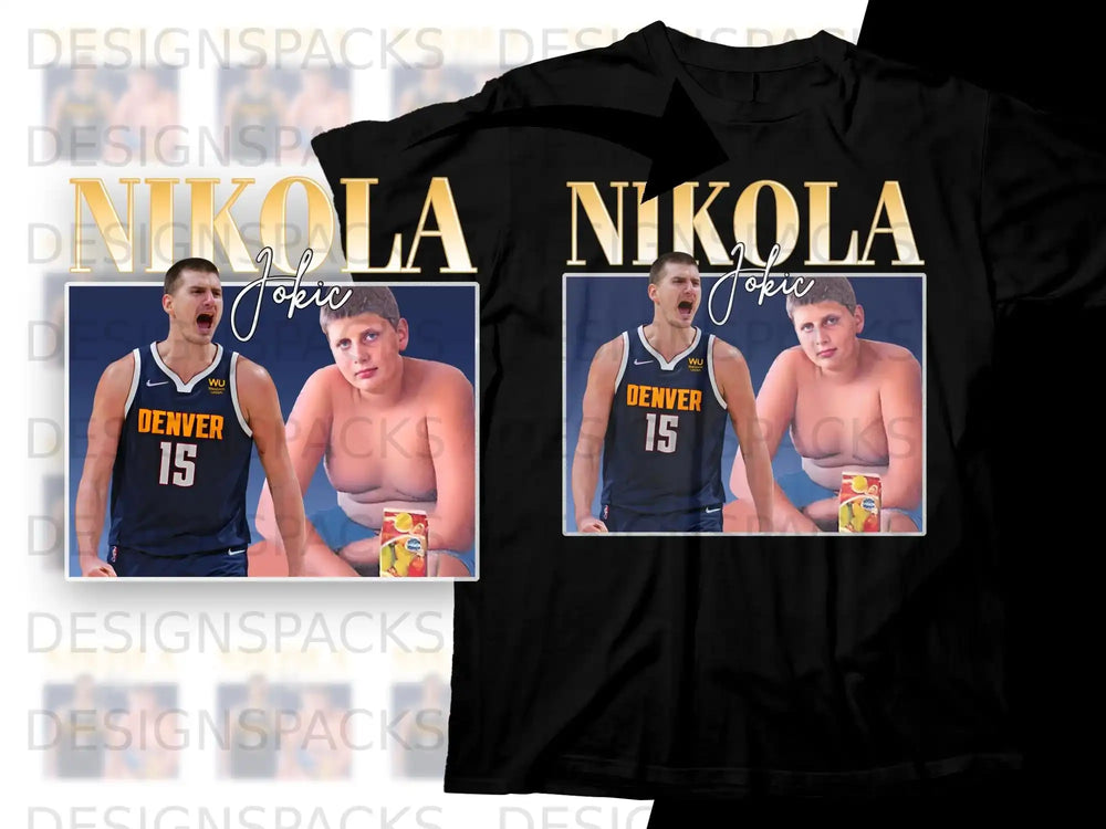 Nikola Jokic Denver Nuggets jersey with orange juice on t-shirt.