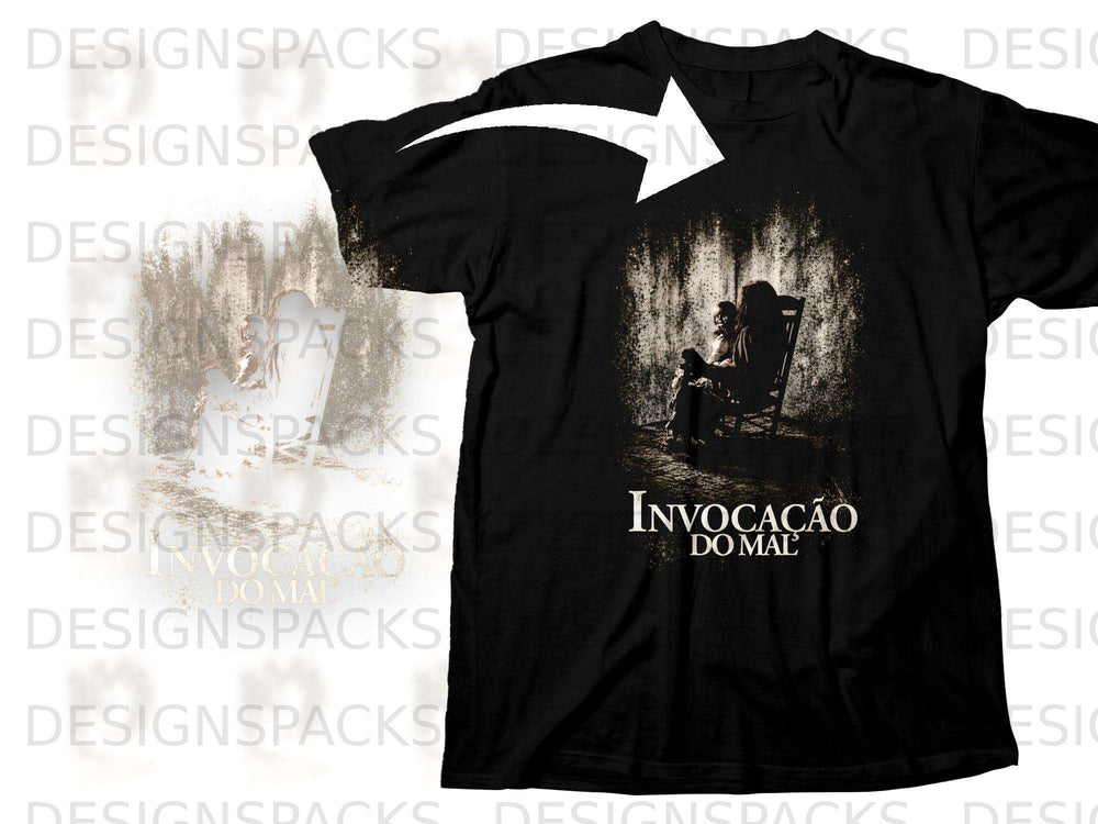 Black t-shirt with "Invocação do Mal" movie graphic and text.