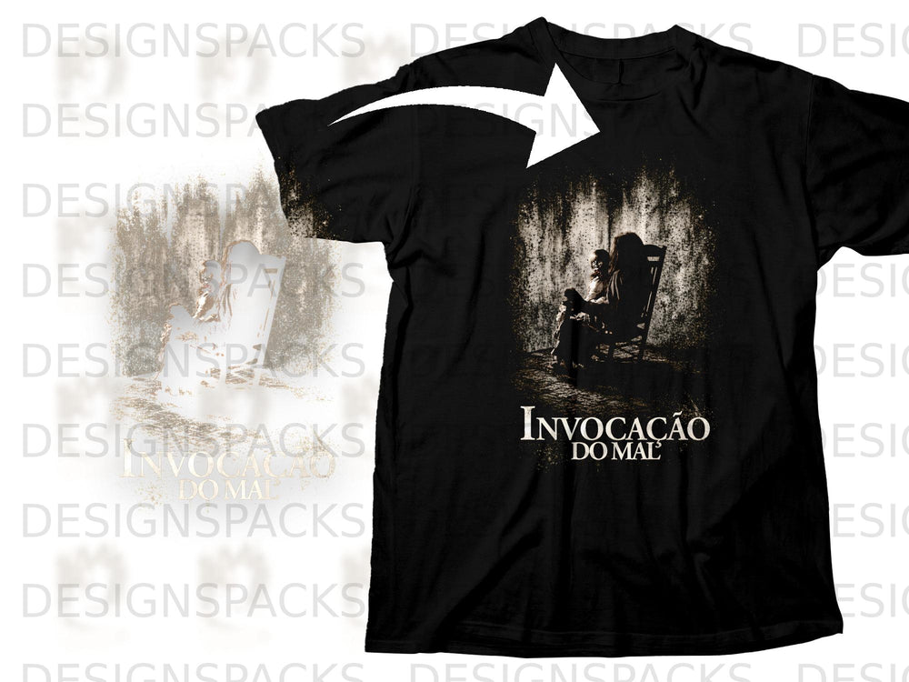 Black t-shirt with "Invocação do Mal" movie graphic and text.