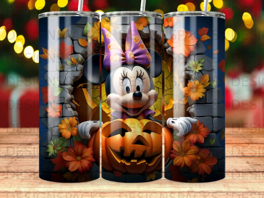 Minnie Mouse in a pumpkin patch with autumn flowers and leaves.