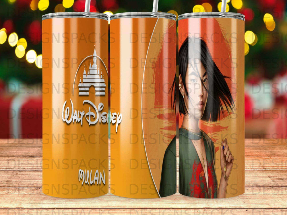 Disney's Mulan character on a tumbler with Walt Disney logo.