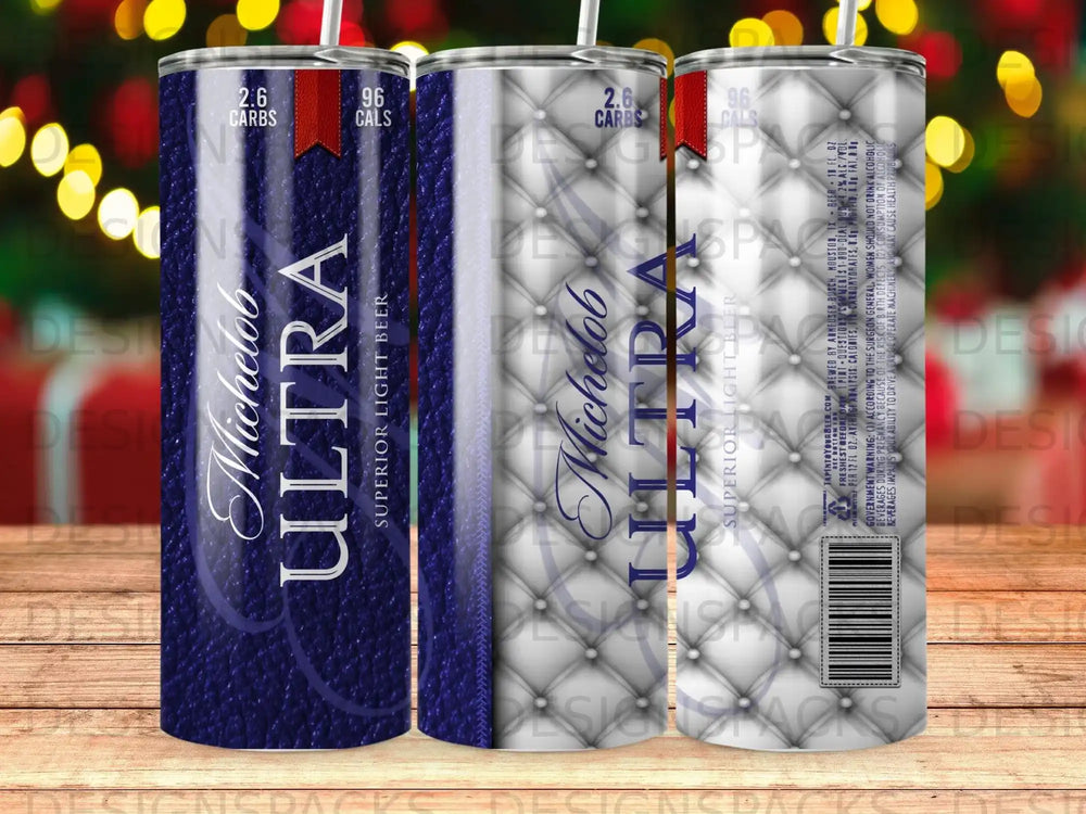 Michelob Ultra can cooler with blue denim texture and silver accents.