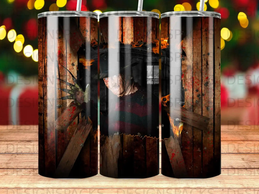 Freddy Krueger peering through a wooden wall with clawed hand.