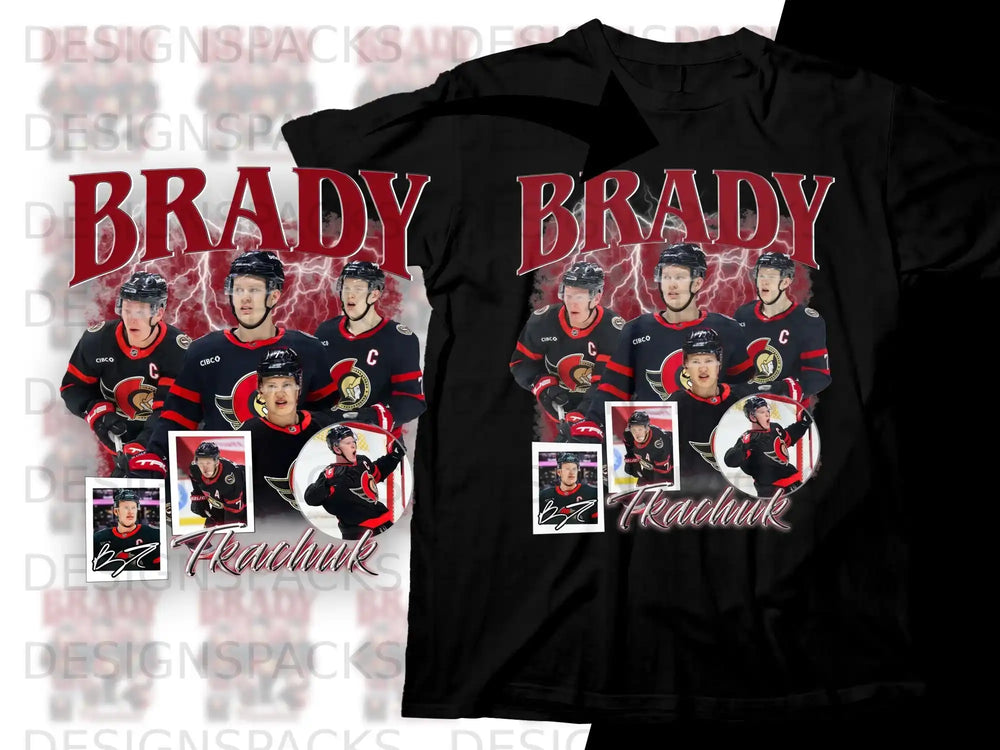 T-shirt design featuring Brady Tkachuk with inset photos and red text.