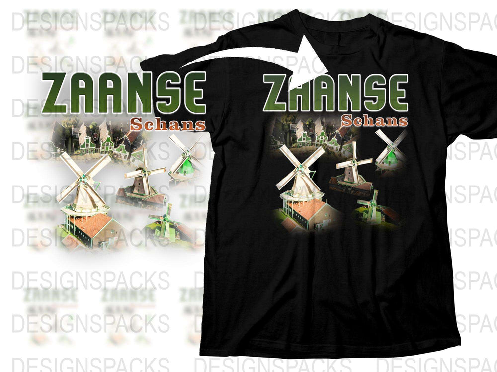 Zaanse Schans Windmill Graphic T-Shirt, Dutch Landscape Tee, Netherlands Souvenir, Travel Shirt, Gift for Travelers, Black Cotton Shirt