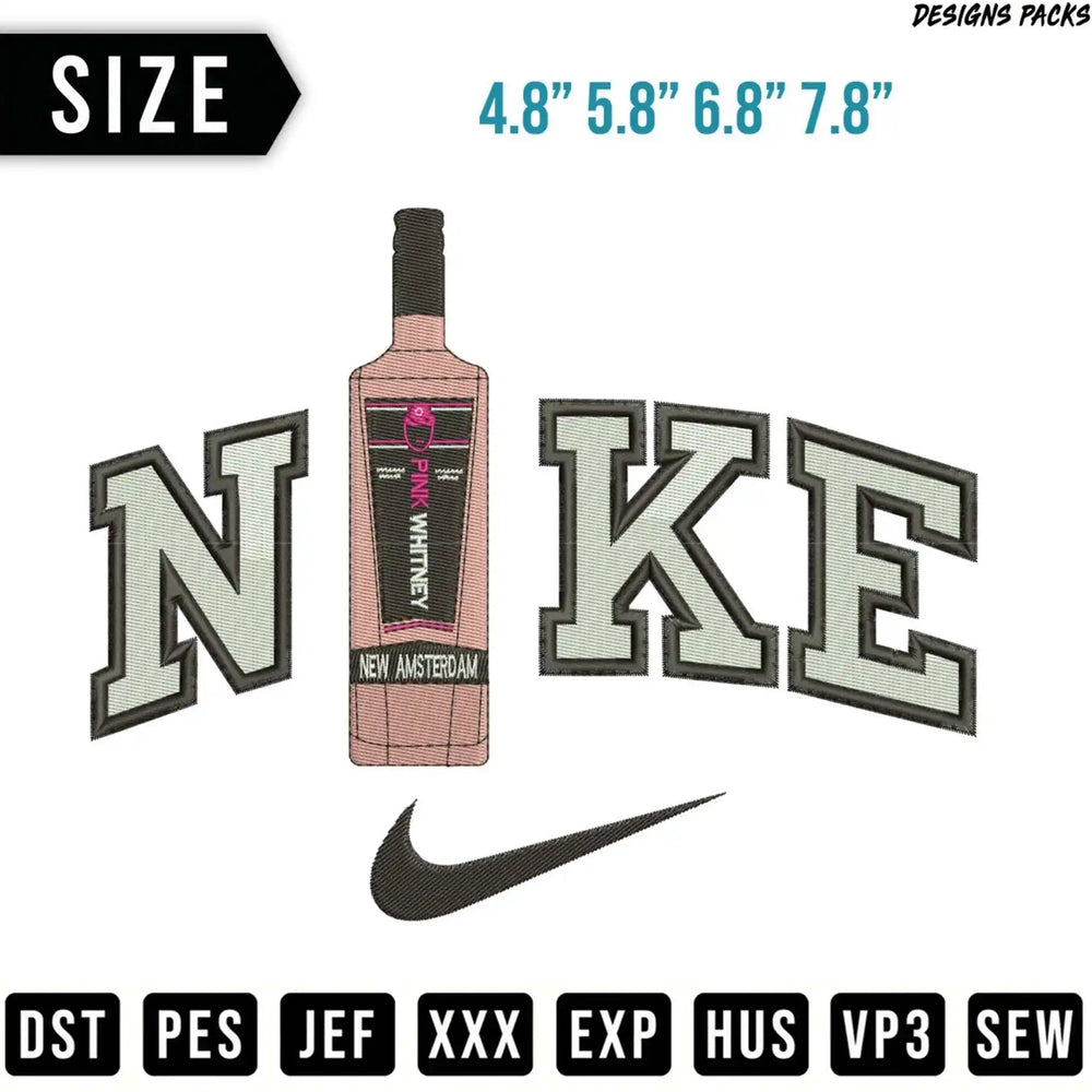 Pink Whitney bottle with "NIKE" logo, sizes, and file types.