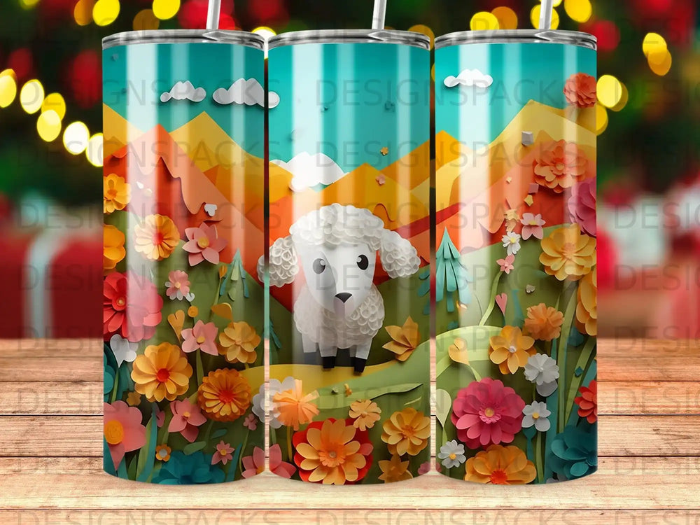 White sheep in a floral field with mountains and clouds.