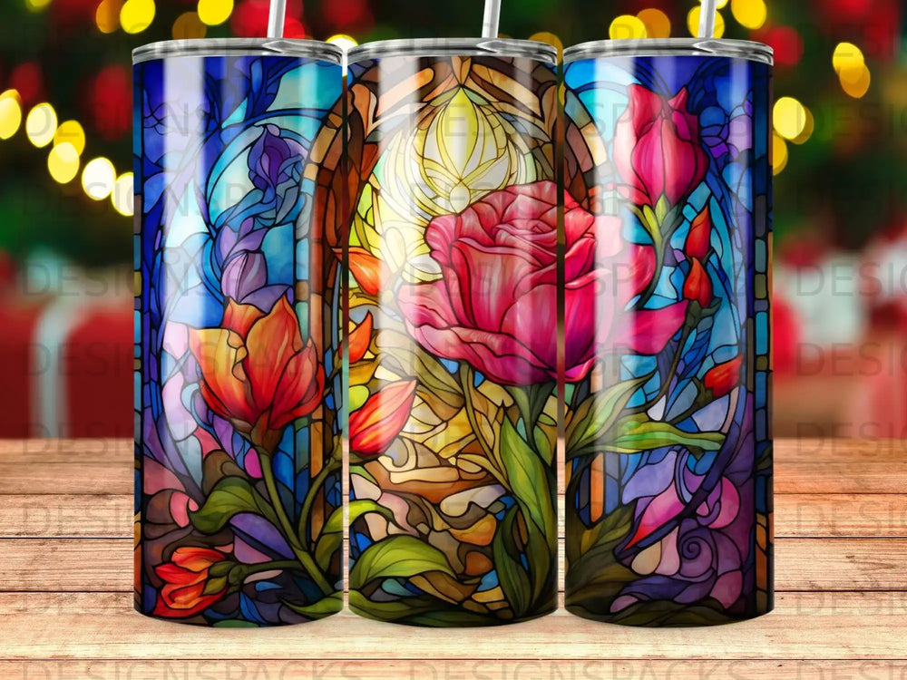 Stained glass tumbler with vibrant floral and floral motifs.