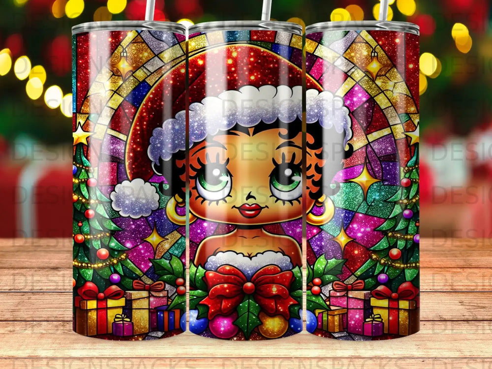 Betty Boop in Santa hat with Christmas gifts and stained glass background.