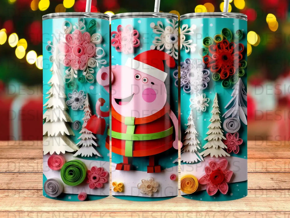 Peppa Pig wearing Santa hat, surrounded by colorful paper snowflakes and Christmas trees.