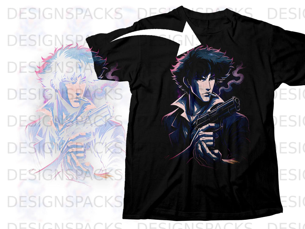 Black t-shirt with graphic of anime character smoking and holding a gun.