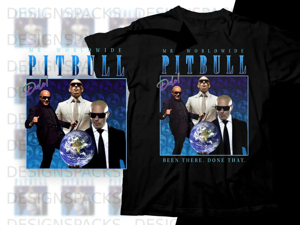 Two black t-shirts featuring Mr. Worldwide (Pitbull) holding a globe.