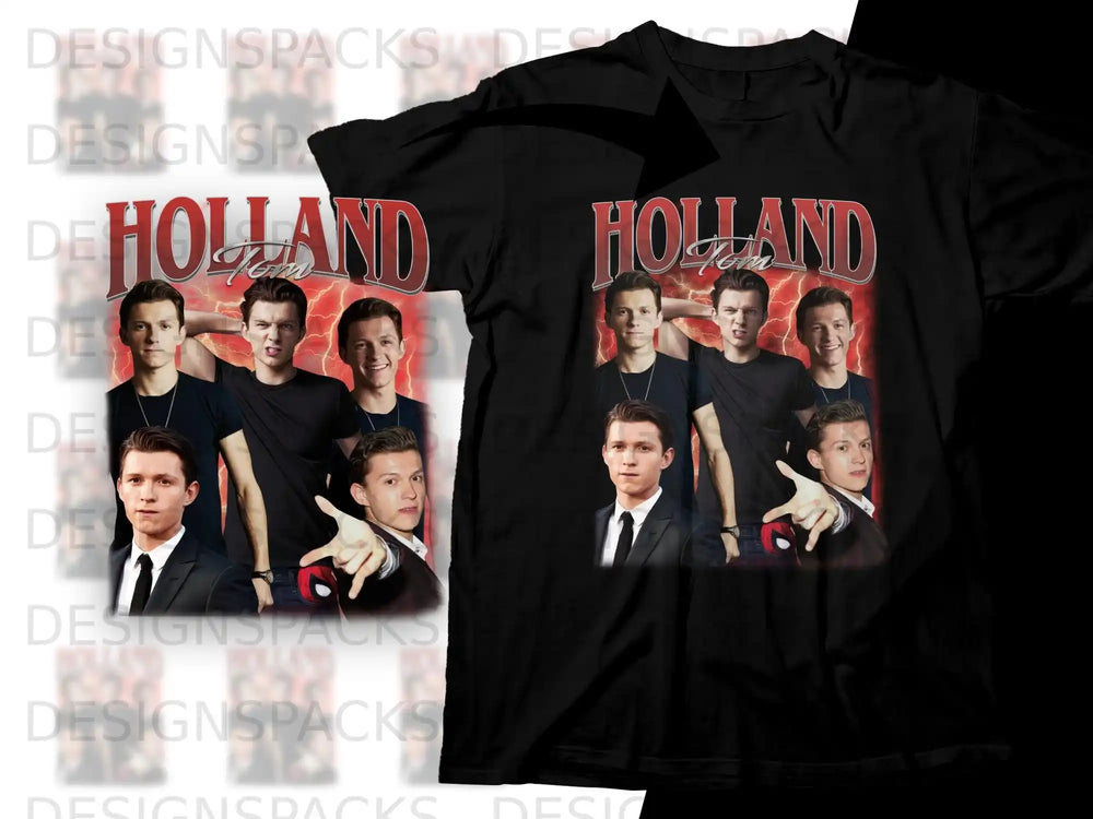 Tom Holland as Spider-Man on a black t-shirt.