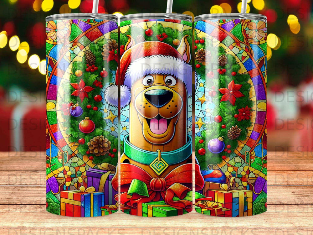 Scooby-Doo wearing Santa hat, surrounded by stained glass and Christmas gifts.