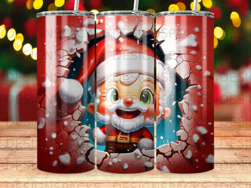 Cartoon Santa Claus bursting through a cracked red surface.