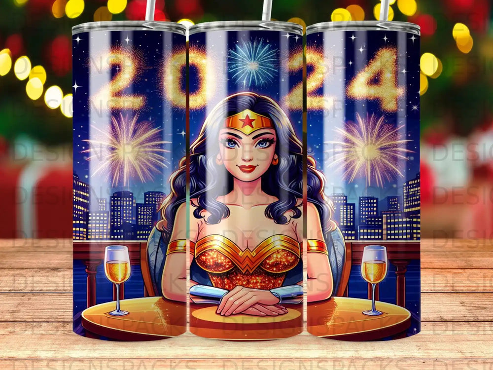 Wonder Woman sits at a table with champagne, celebrating New Year's Eve 2024 with fireworks.