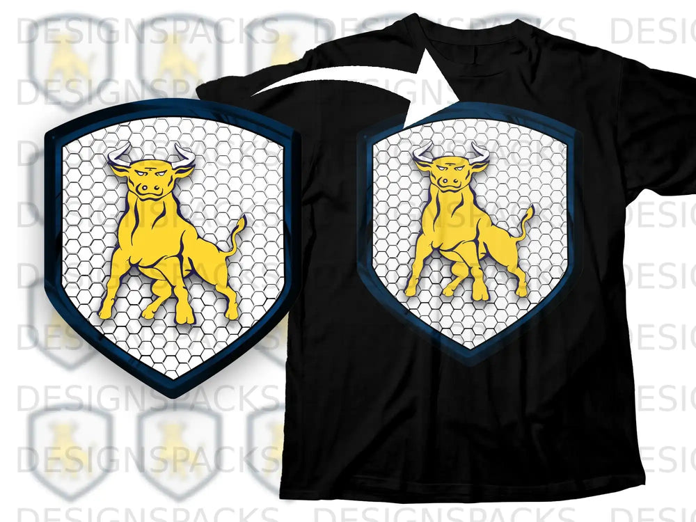 Bold Yellow Bull Emblem on Black Graphic T-shirt