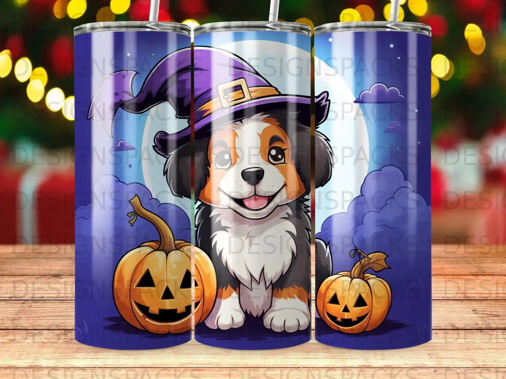 Halloween dog with witch hat and pumpkins.