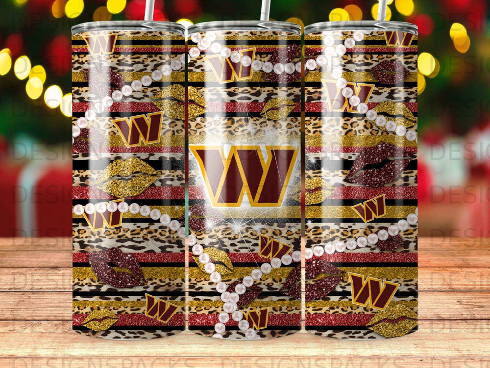 "W" logo tumbler with leopard print, gold glitter lips, and pearl accents.