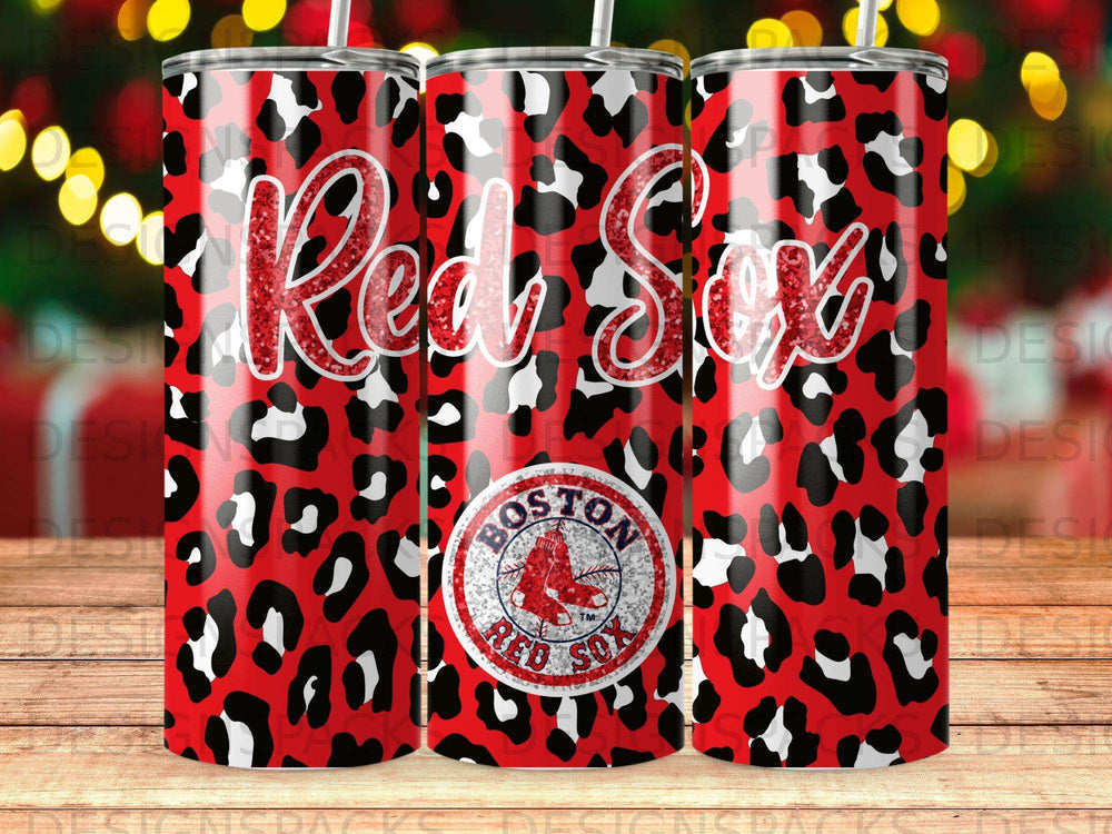 Red Sox logo on a red leopard print tumbler with glitter accents.