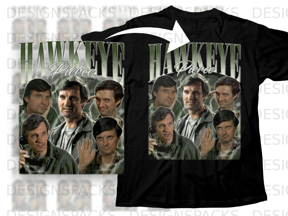 Black t-shirt featuring "HAWKEYE Pierce" graphic with collage of male faces.