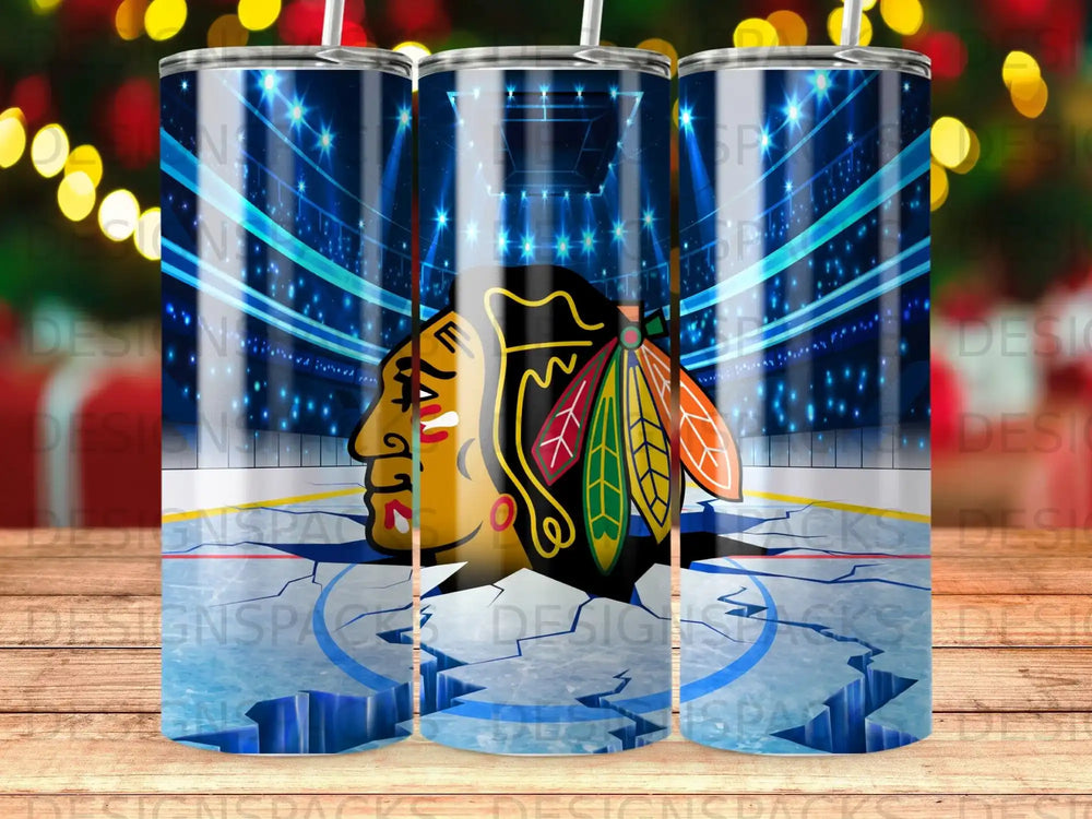 Chicago Blackhawks logo on a hockey rink background with arena lights.